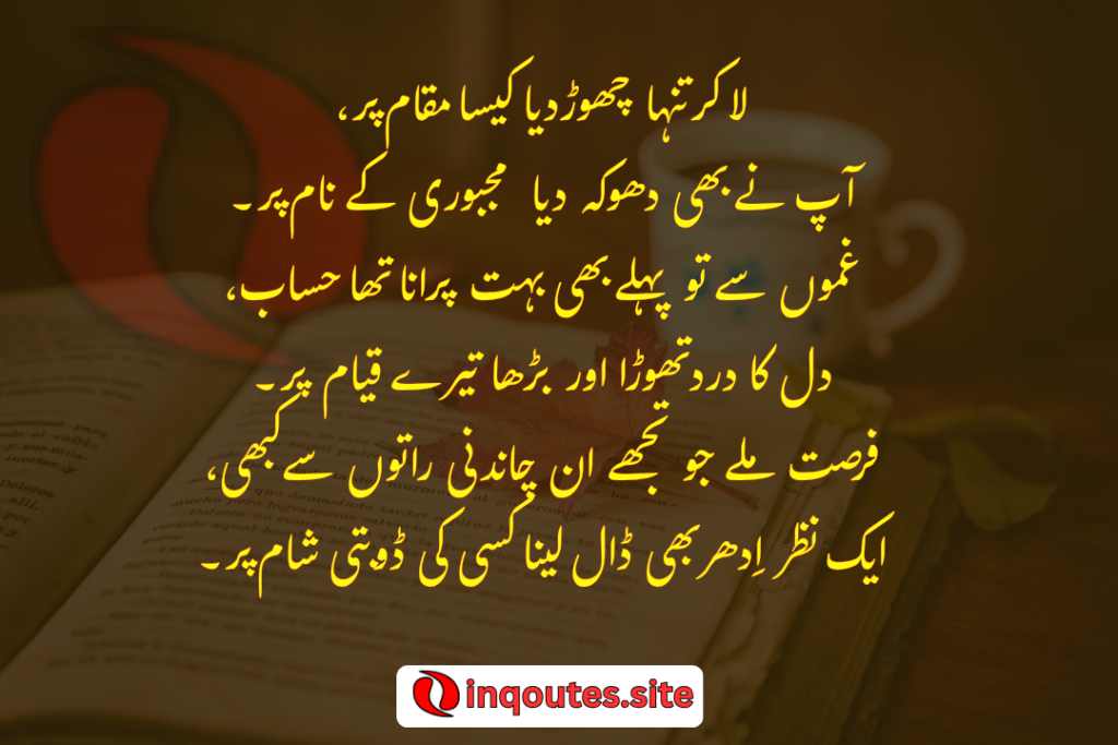 La kr tanha chor diya kaisy magam par Aap ny bi dhoka diya majbori k nam par Ghamon sy tha phly b bohat purana mera hisab Dil ka dard thora aur barha tere kayam par Fursat milay jo tujhy in chandani raton say kabhi Ek nazar idhar bi dal lena kisi ki dobti sham par