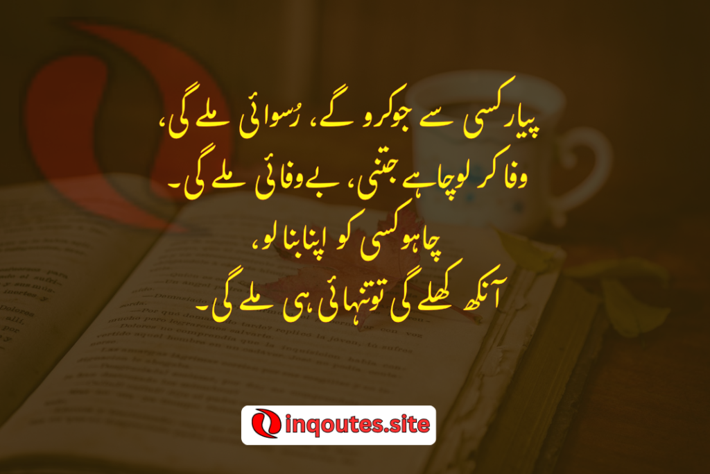 Pyaar kisi se jo kro gae RUSVAI Milay gi, Wfa krlo chahe jitni, bawafai milae gi, chahay ksi ko apna bnalo, Ankh khulay gi to tanhai hi mile gi.