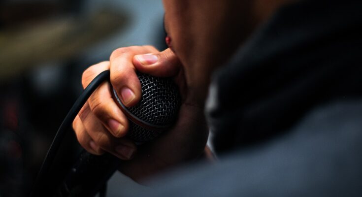 Microphone on stage at a Lahore open mic night.